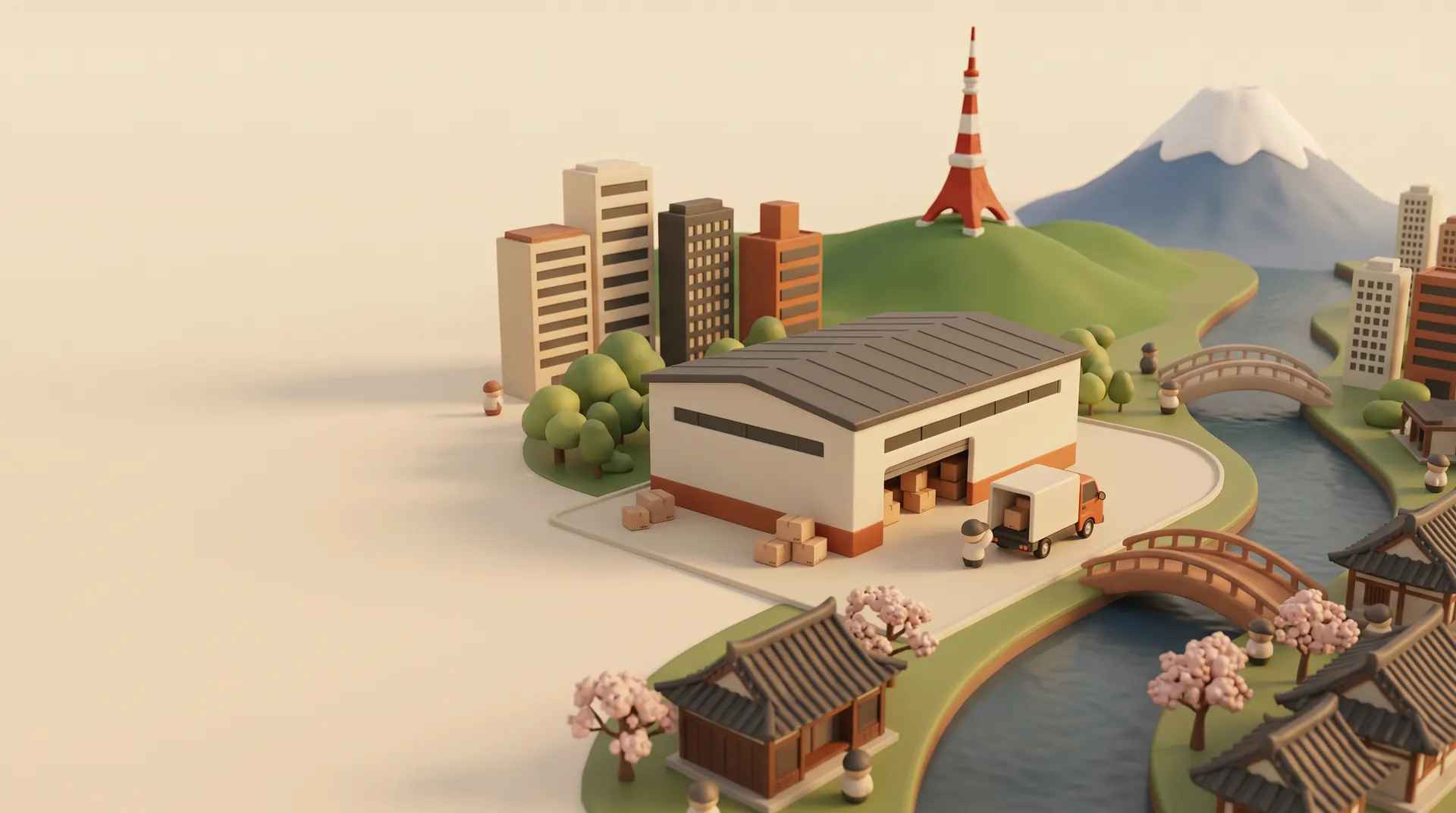 東京タワーと富士山を背景に、倉庫と配送トラック、桜の木が並ぶ東京のミニチュアジオラマ